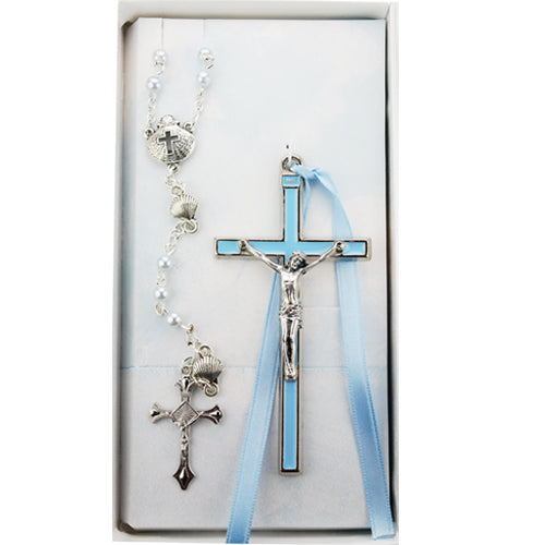 BS54 Blue Shell Rosary and Pink Crucifix Set Boxed - McVan