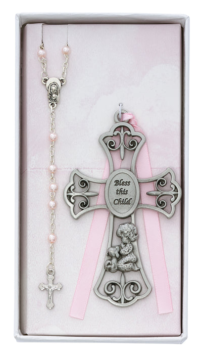 BS59 Baby Girl and Puppy Crib Cross and Rosary Boxed - McVan