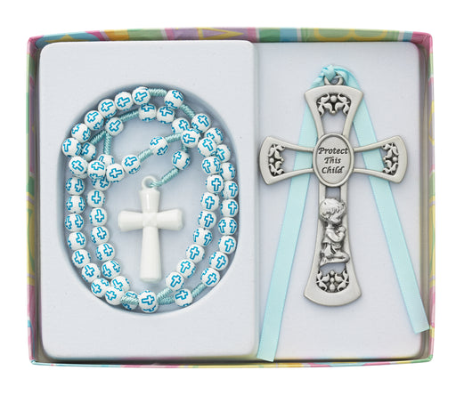 BS63 Boys Blue Cross Rosary With Crib Medal boxed - McVan