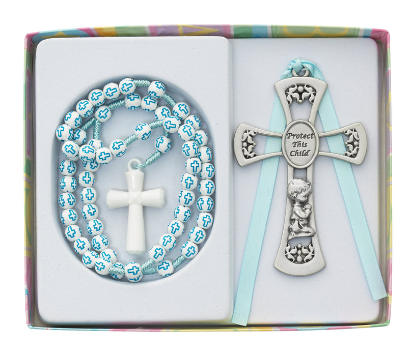 BS63 Boys Blue Cross Rosary With Crib Medal boxed - McVan
