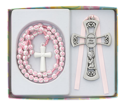 BS64 Girls Pink Cross Rosary with Crib medal Boxed - McVan