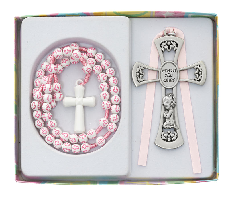 BS64 Girls Pink Cross Rosary with Crib medal Boxed - McVan