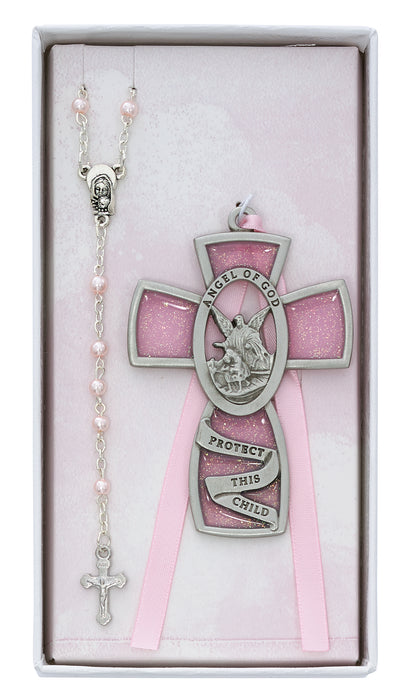BS8 Pink Crib Cross and Pink Rosary Set Boxed - McVan