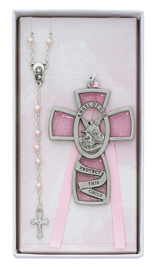 BS8 Pink Crib Cross and Pink Rosary Set Boxed - McVan