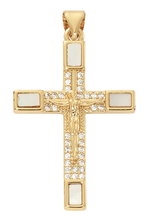 H103 18K Gold over Copper Genuine Mother of Pearl Crucifix on 18"  chain boxed - McVan