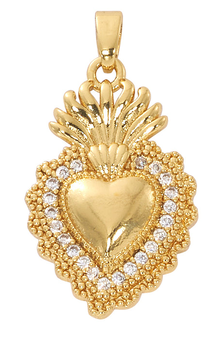 H106 18K Gold over Copper Sacred heart pendant with CZ stones on 18"  chain boxed - McVan