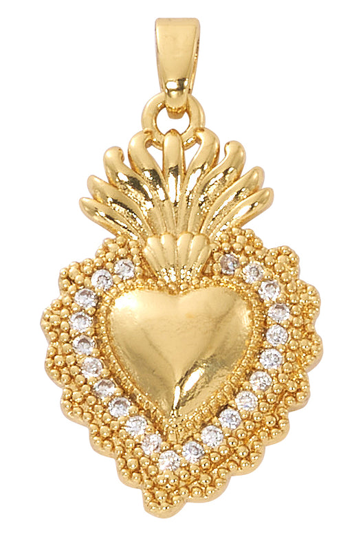 H106 18K Gold over Copper Sacred heart pendant with CZ stones on 18"  chain boxed - McVan