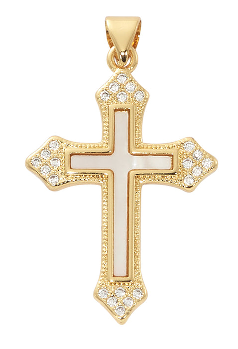 H108 18K Gold over Copper Genuine Mother of Pearl Cross on 18"  chain boxed - McVan