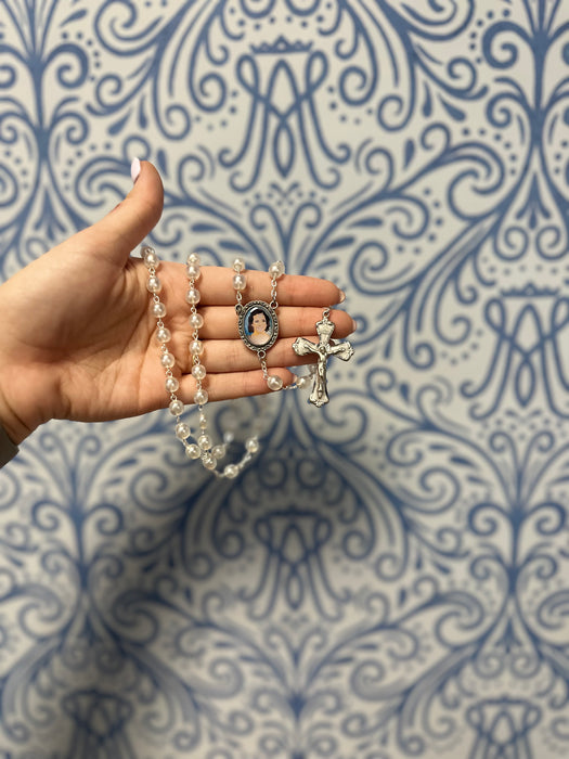Charlene Richard Rosary – White Pearl Beads with Silver Accents XT236