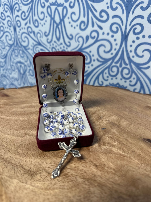 Charlene Richard Rosary – Chinoiserie Blue Floral Beads with Silver Accents XT231