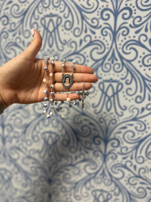 Charlene Richard Rosary – Chinoiserie Blue Floral Beads with Silver Accents XT231