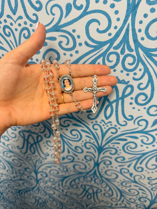 Charlene Richard Rosary – Light Pink Crystal Beads with Silver Accents XT230