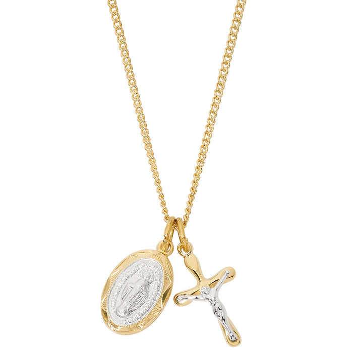 Gold Over Sterling Silver Crucifix and Miraculous Medal Pendant Set-JD109