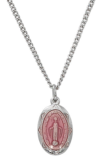 L1203P Sterling Miraculous pink enamel Baby Pendant on 13" chain Boxed - McVan