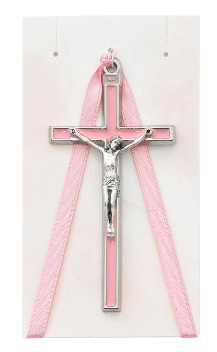 PW20 3.75 IN. PINK CRIB CRUCIFIX WITH PINK RIBBON CARDED - McVan