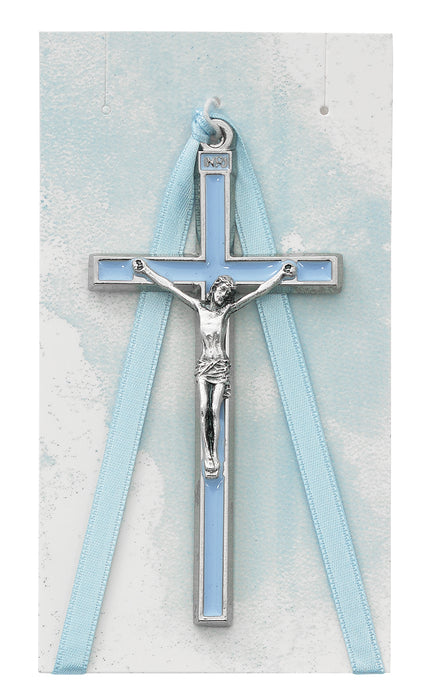 PW21 3.75 IN. BLUE CRIB CRUCIFIX WITH BLUE RIBBON, CARDED - McVan
