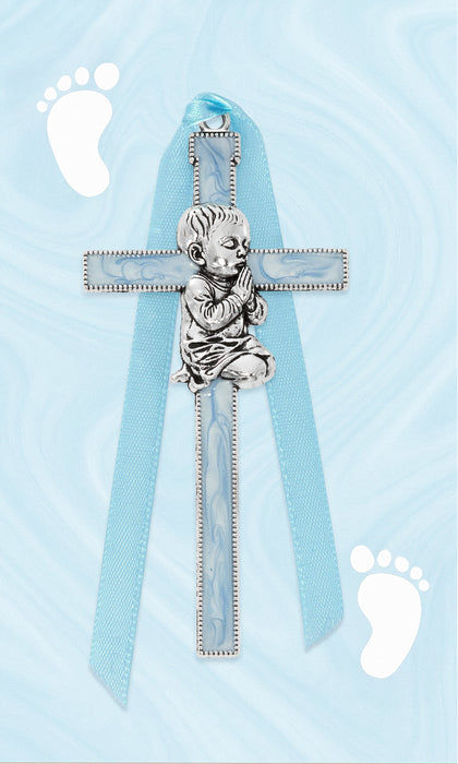 PW41-B 3.5" BLUE BOY CRIB CROSS RIBBON CARDED - McVan