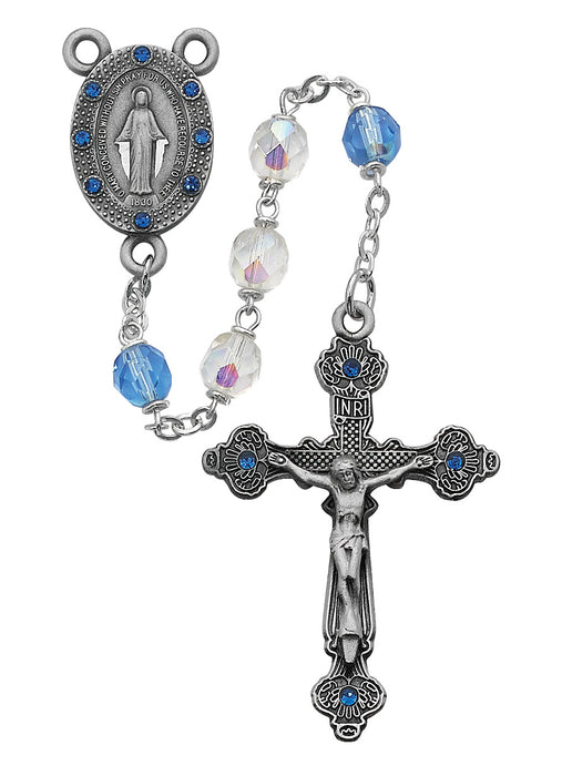 R122DF Aurora and Blue Glass Rosary Boxed - McVan