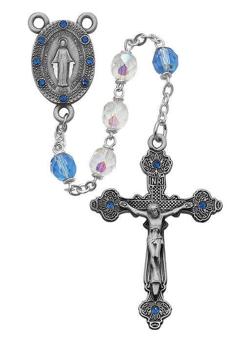 R122DF Aurora and Blue Glass Rosary Boxed - McVan