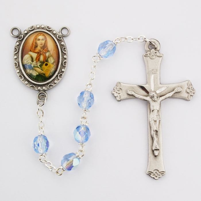 R190DF Blue Glass St Dymphna Rosary Boxed - McVan