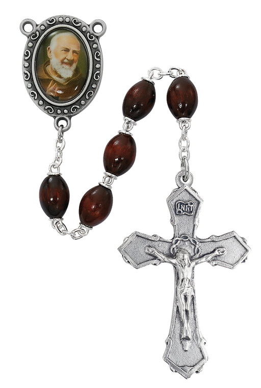 R205DF Brown Wood Padre Pio Rosary Boxed - McVan