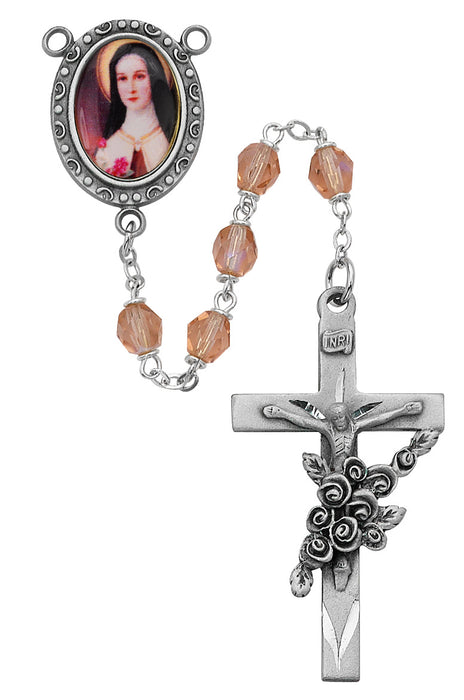 R210DF Pink Glass St Therese Rosary Boxed - McVan