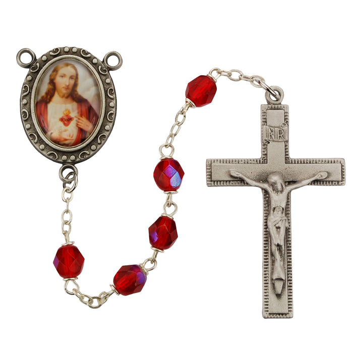 R220DF Red Aurora Sacred Heart Rosary Boxed - McVan