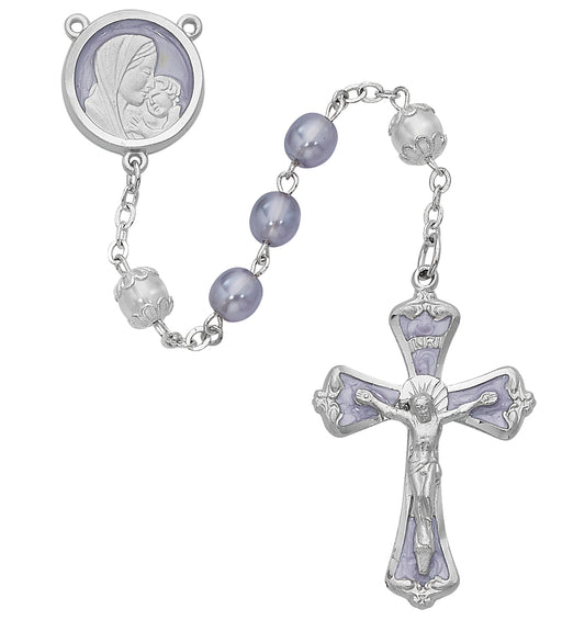 R229RF Mother and Child Purple Pearl like  Rosary Boxed - McVan
