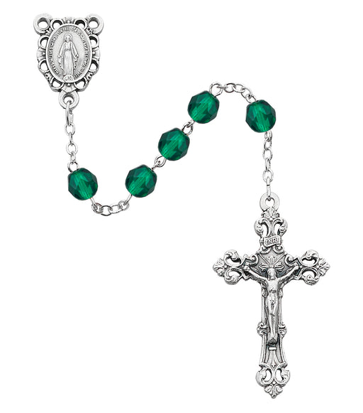 R391-EMG Dark Green Glass May Rosary Boxed - McVan