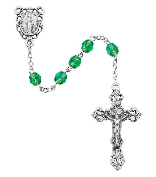 R391-PEG Light Green Glass August Rosary Boxed - McVan