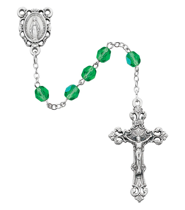 R391-PEG Light Green Glass August Rosary Boxed - McVan