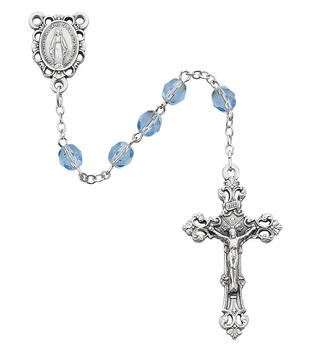 R391-ZRG Light Blue Glass December Rosary Boxed - McVan