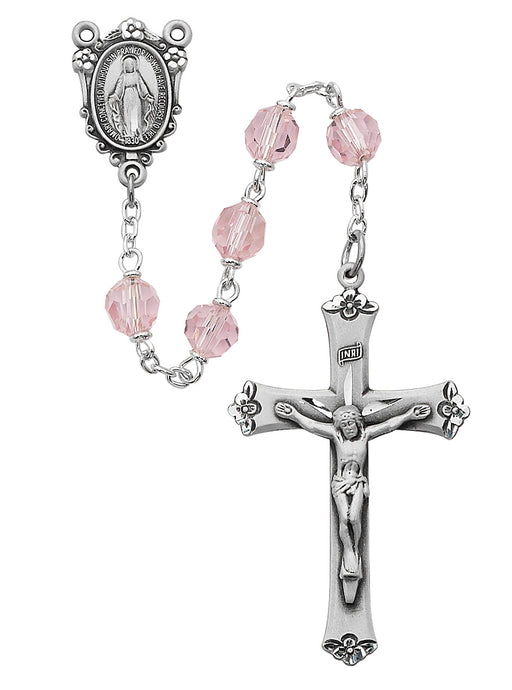 R406DF Pink Tin Cut Crystal Rosary Boxed - McVan