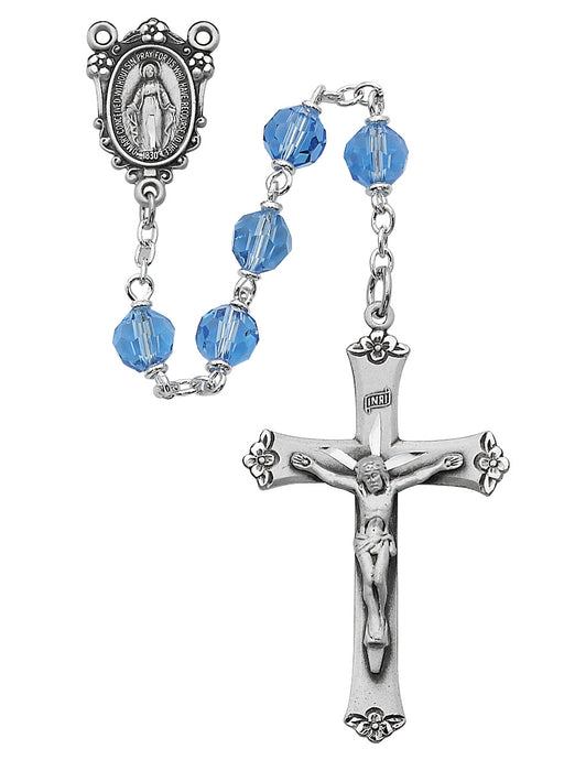 R408DF Blue Tin Cut Crystal Rosary Boxed - McVan