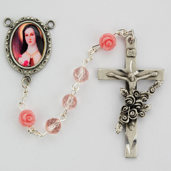 R497DF Pink Glass Therese Rosary Boxed - McVan