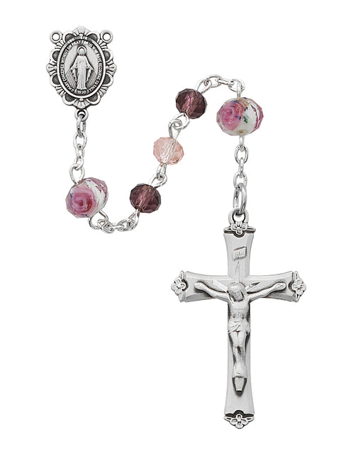 R581LF Pink Multi Tin Cut Crystal Rosary Boxed - McVan