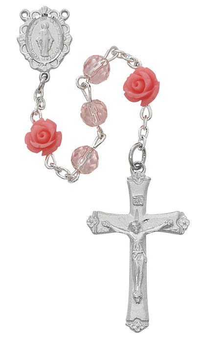 R585RF Pink and Roses Glass Rosary Boxed - McVan