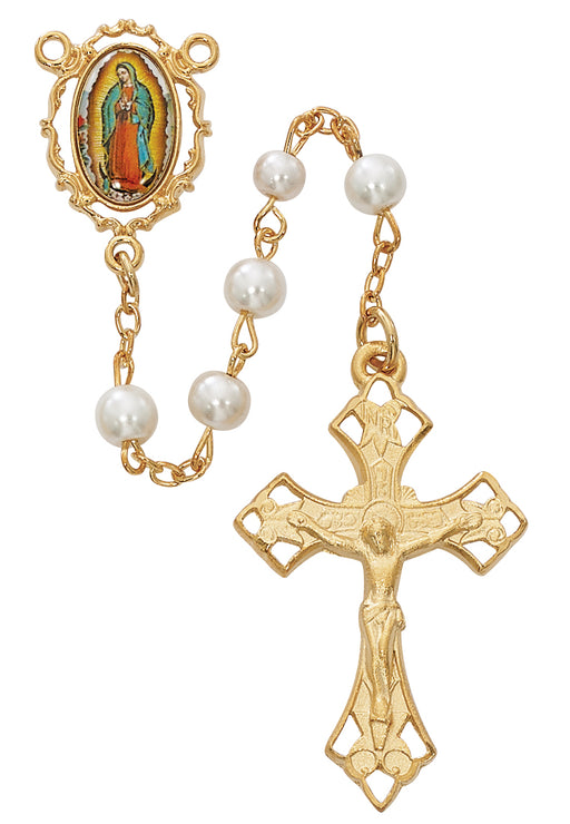 R596HF Pearl like  Glass Guadalupe Rosary Boxed - McVan