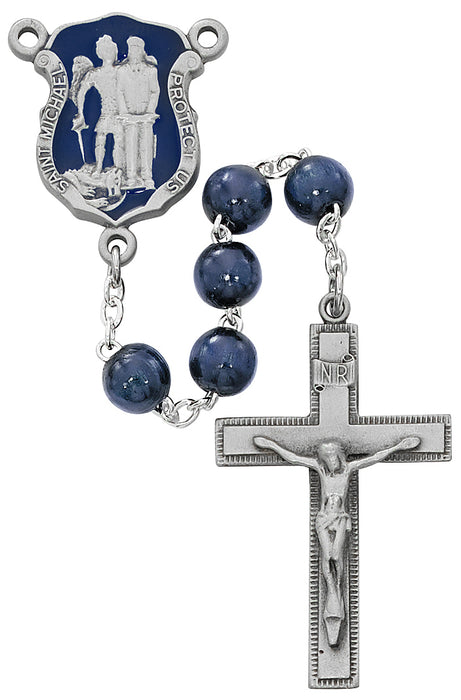 R640DF Blue Wood St Michael Badge Rosary Boxed - McVan