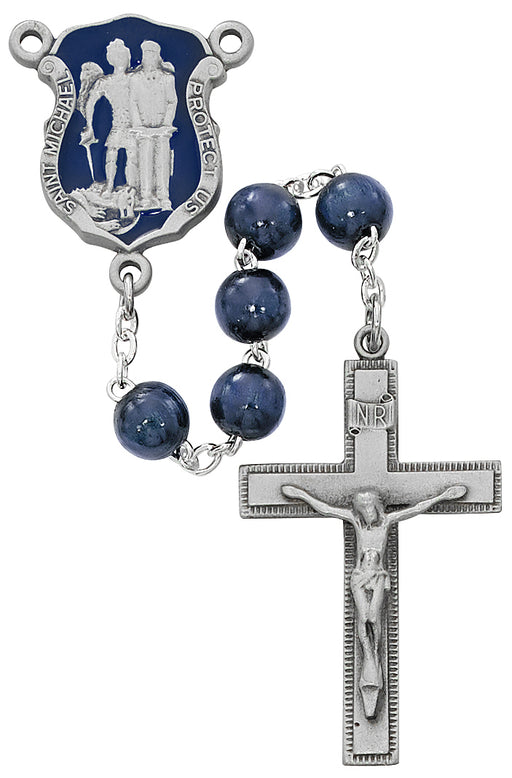 R640DF Blue Wood St Michael Badge Rosary Boxed - McVan