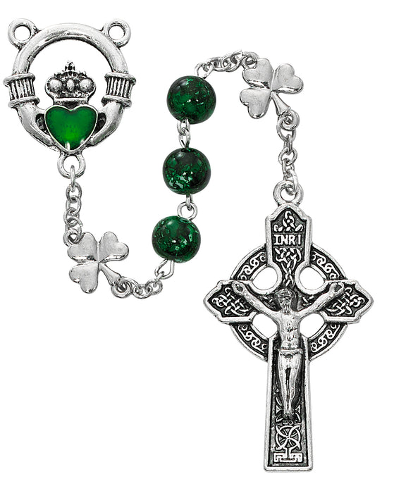 R650F Green Shamrock Claddagh Rosary Boxed - McVan