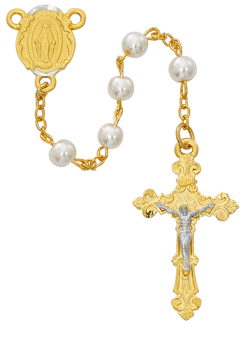 R672HF Gold Plated Pearl Glass Rosary Boxed - McVan