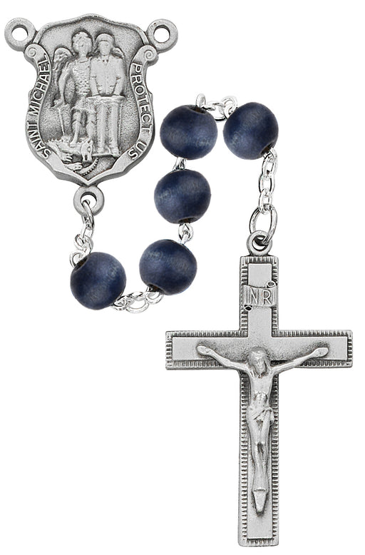 R685DF Blue Wood with Michael Police Rosary Boxed - McVan