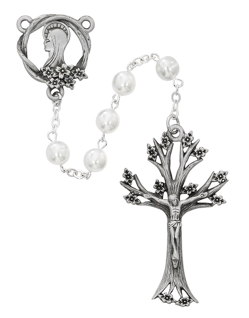 R706DF White Glass Dogwood Rosary Boxed - McVan