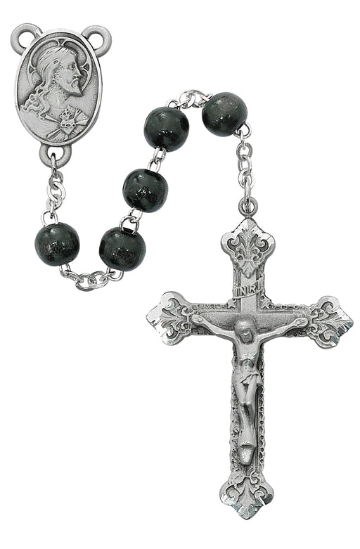 R713DF Black Wood Scared Heart Rosary Boxed - McVan