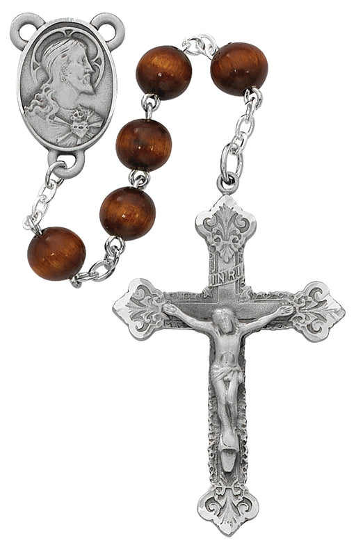 R714DF Brown Wood Scared Heart Rosary Boxed - McVan