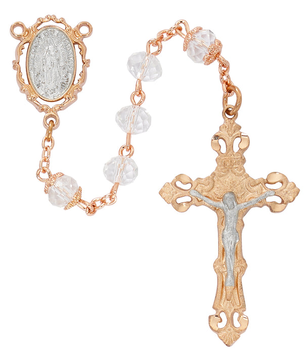 R748F Crystal Rose Gold Guadalupe Rosary Boxed - McVan