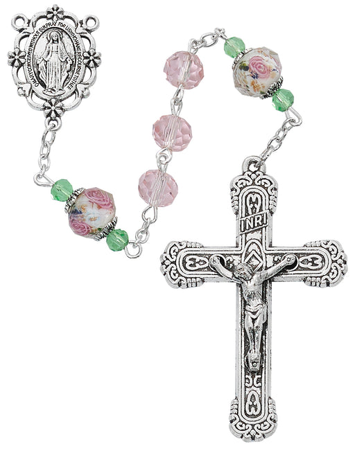 R873F Pink & Flower Crystal Rosary Boxed - McVan
