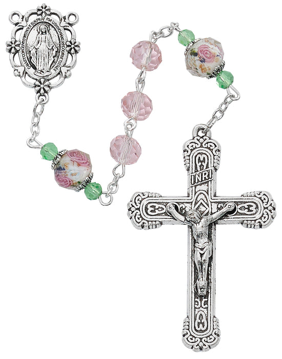R873F Pink & Flower Crystal Rosary Boxed - McVan