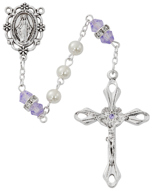 R917AMKF Pearl and Amethyst Rosary with Zinc Center and Crucifixed - McVan